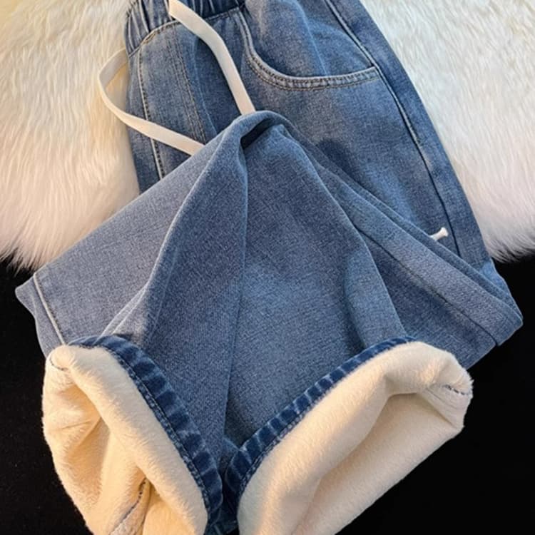 Fleece-Lined Thick Straight-Leg Women's Jeans Winter 2025 New Petite Wide-Leg Elastic Waist Fall Winter Pants Dropshipping