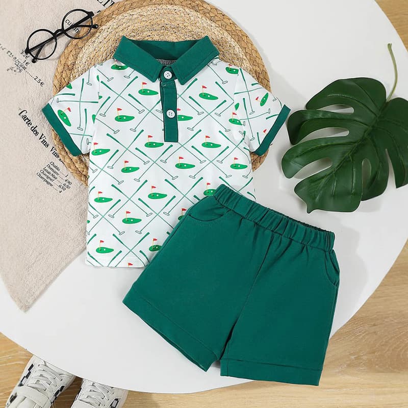 Cross-border Boys Summer Casual Set New Children's Cartoon Car Print Short Sleeve Polo Shirt Two-Piece Set