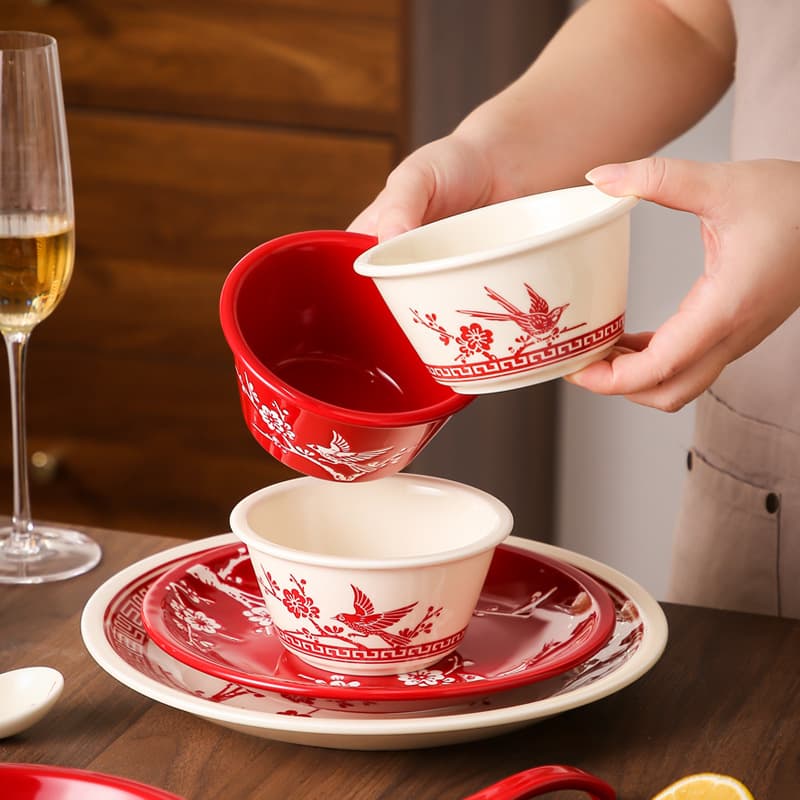 Festive Housewarming Tableware Bowl and Plate Set Ceramic Plates Dinner Plates Dishes Chinese Style Red Bowls and Plates for Home High Aesthetic Rice Bowls