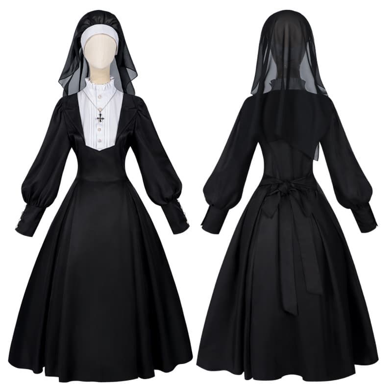 2025 European and American Easter New Spring and Autumn Nun Suit Long Sleeve Cosplay Costume Lace Solid Color Dress Set
