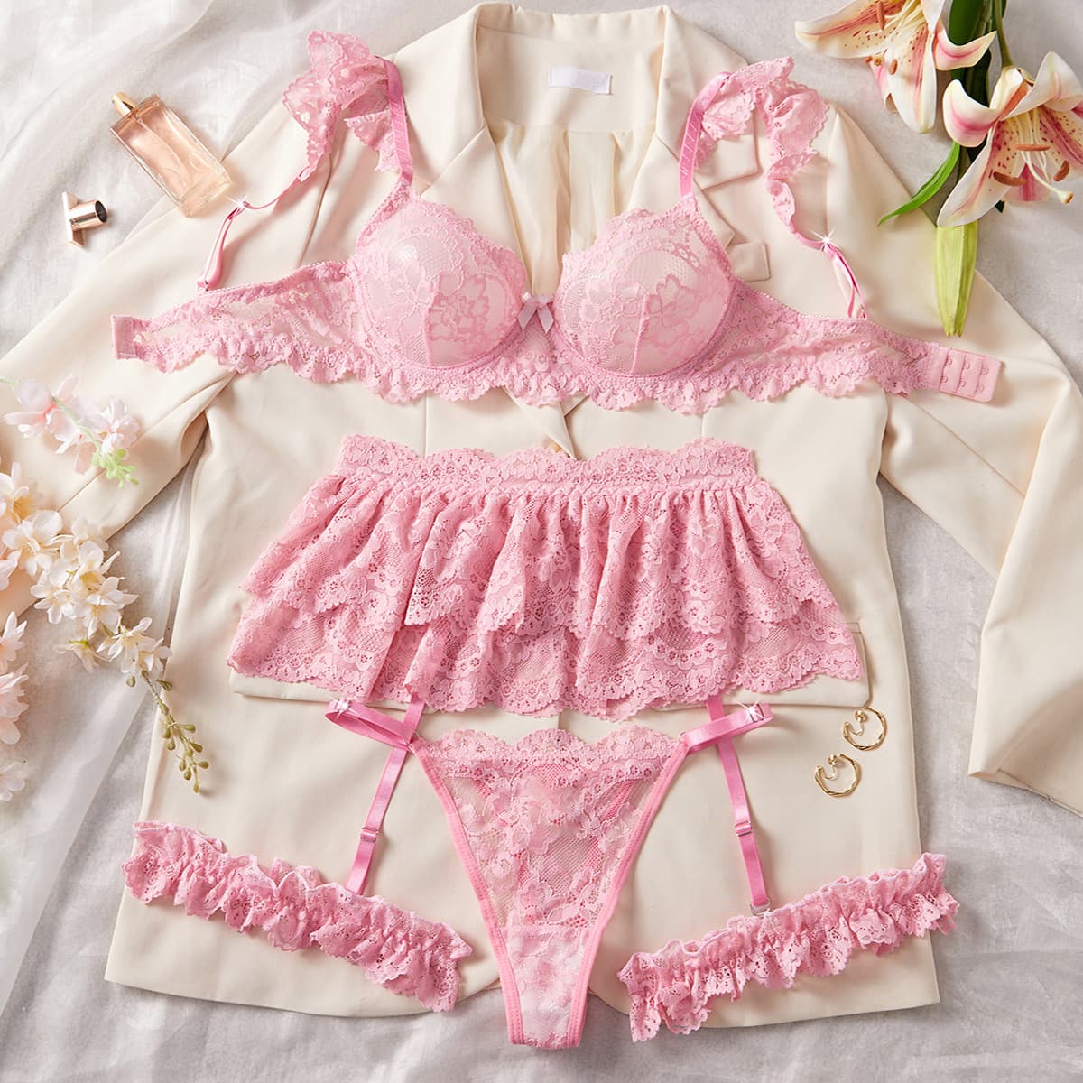 Cross-border Trade Europe and America Sexy Lace Bra Sweet Push-up Bra for Small Bust with Garter Belt and Leg Garter Four-Piece Set