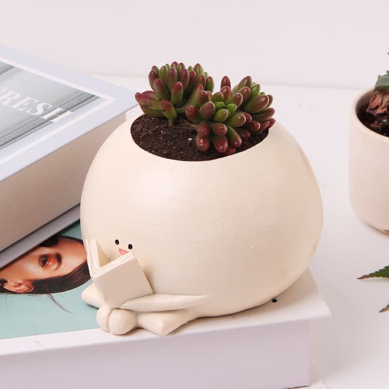 New Cross-Border Cute Reading Smile Flower Pot Resin Craft Creative Succulent Pot Desktop Decoration Ornament