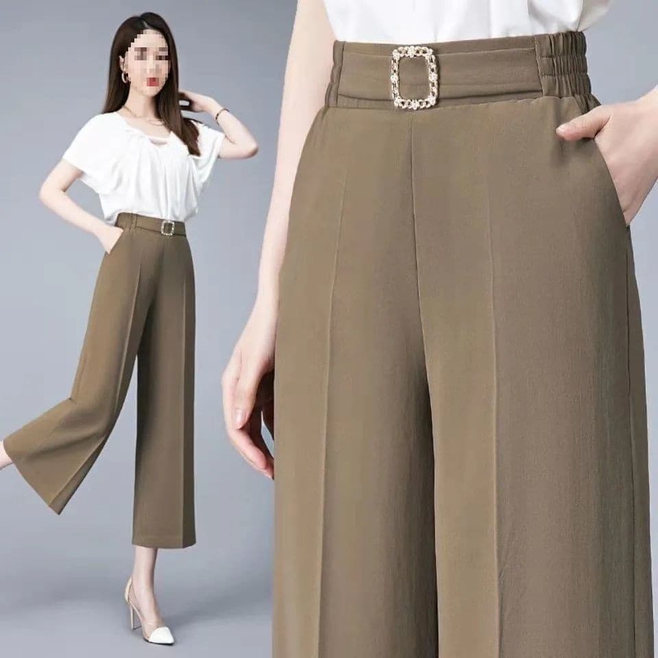 High-waist Loose Flowing Ice Silk Wide-leg Pants for Women Summer Straight 9/10 Length Trousers for Moms Thin Casual Pants