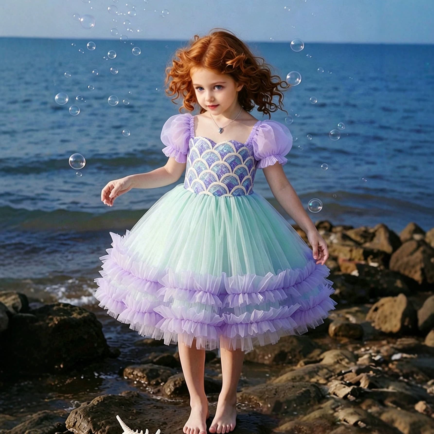 Cross-border foreign trade summer girls' dress purple puff sleeves mermaid dress fish scale sequined dress skirt