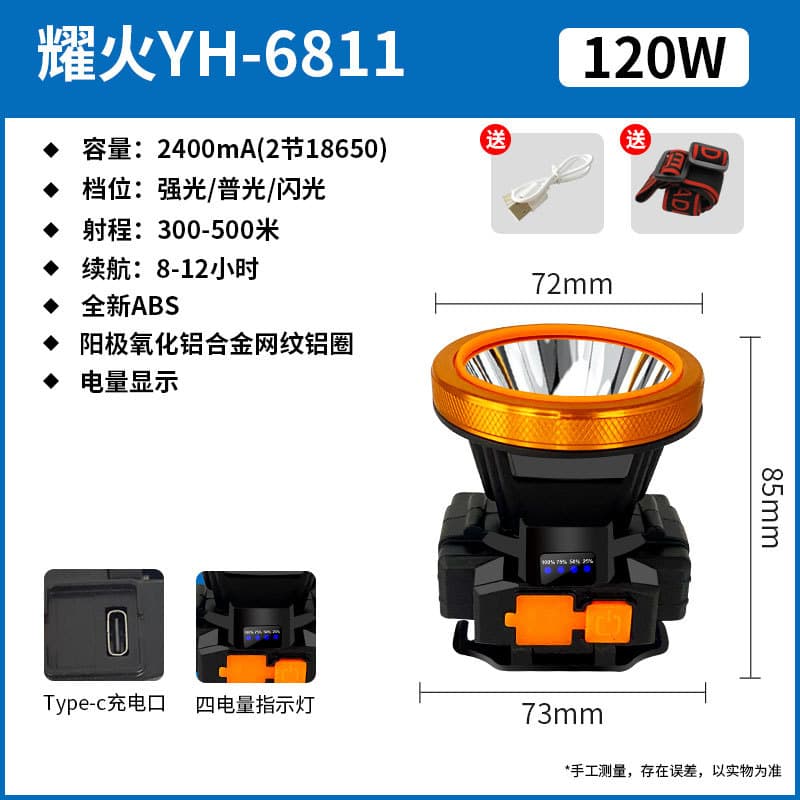 Factory Wholesale Yaohuo Headlamp Super Bright Laser Cannon Flashlight Long Battery Life Waterproof Motion Sensor White Light Yellow Light Fishing Light