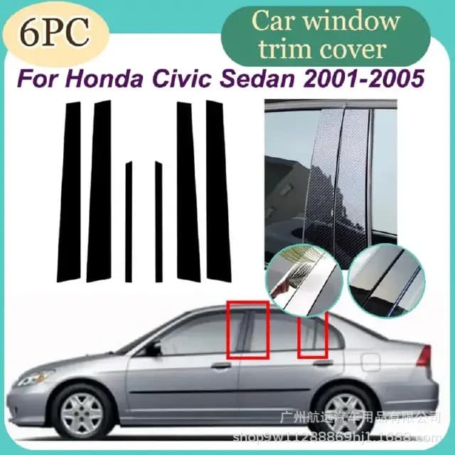 Black Glossy Window Trim Door Pillar Frame Decal for Honda Civic 1992-2005