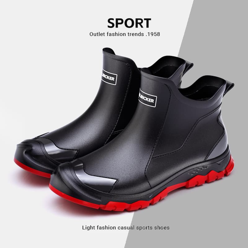 Chinese style black and red short waterproof boots, eco-friendly rain boots, rubber shoes, Korean style outdoor black dirt-resistant and stain-resistant water-resistant plus size shoes