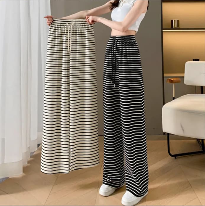 Black and White Striped Wide-Leg Pants for Women 2026 Summer High-Waist Versatile Ice Silk Striped Pants Thin Loose Drawstring Casual Pants