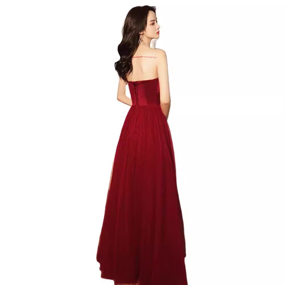 2026 New Long Wine Red Wedding Evening Dress for Bride, Sexy Strapless Satin Slimming Design