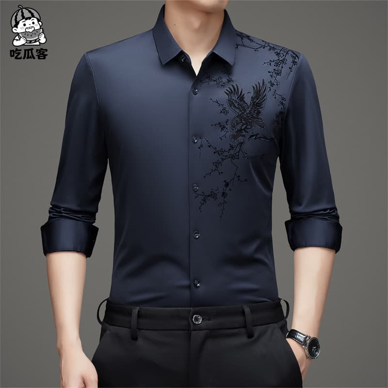 New classic long-sleeved flocked long-sleeved shirt for men 2025 new style seamless shirt middle-aged men's top