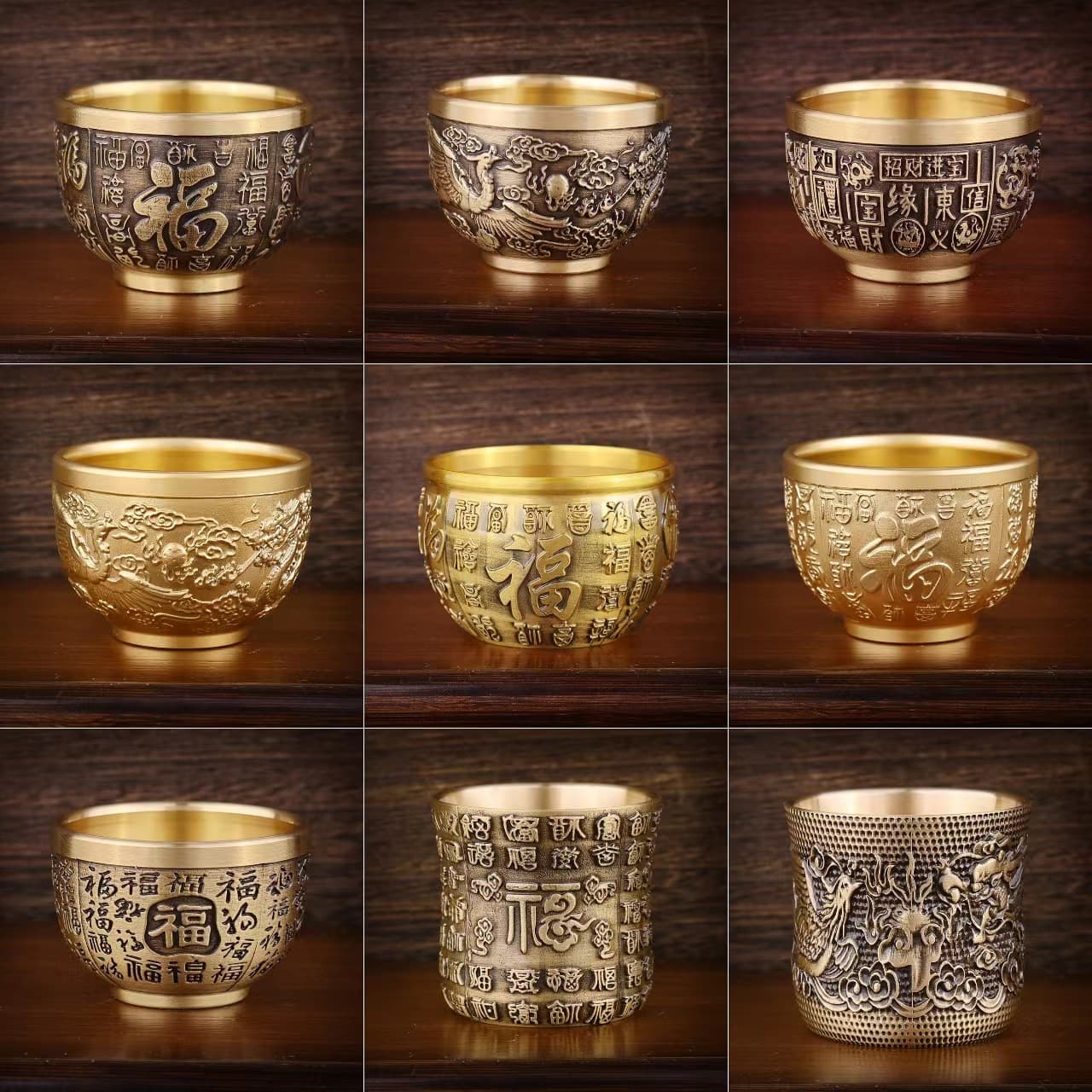Brass Carved Tea Cup Embossed Baifuku Cup Retro Dragon and Phoenix Cup Dragon and Phoenix Wine Cup Office Home Living Room Entrance Decoration