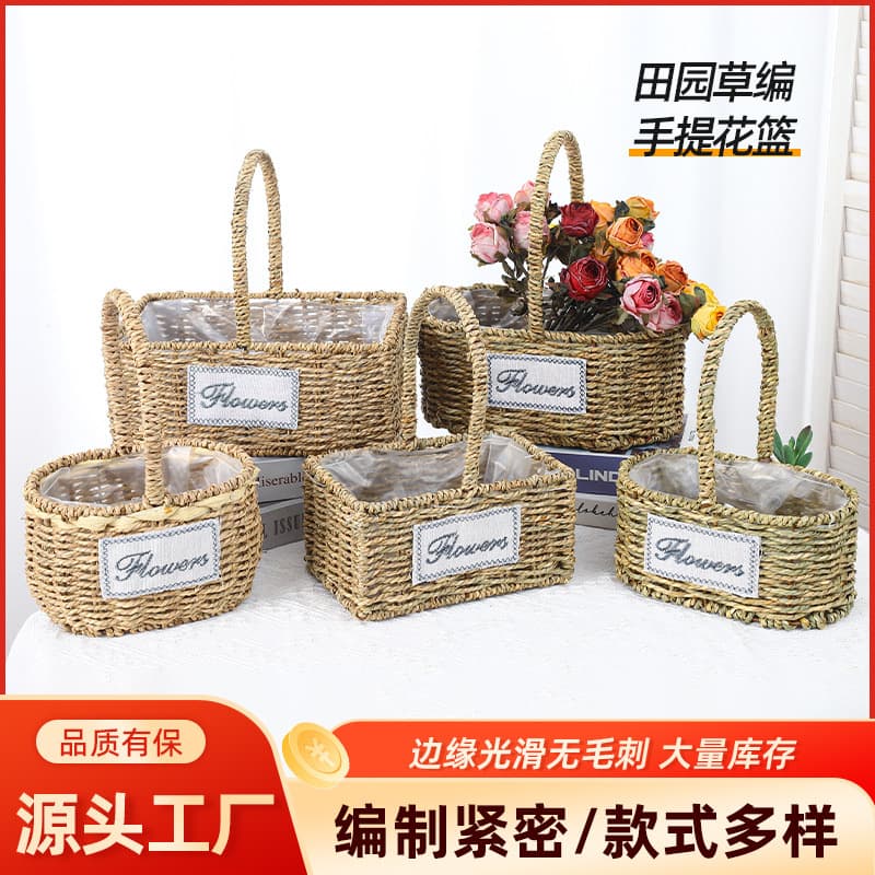 Rustic Woven Straw Handled Flower Basket Picnic Basket Woven Basket Rattan Imitation Woven Flower Pot
