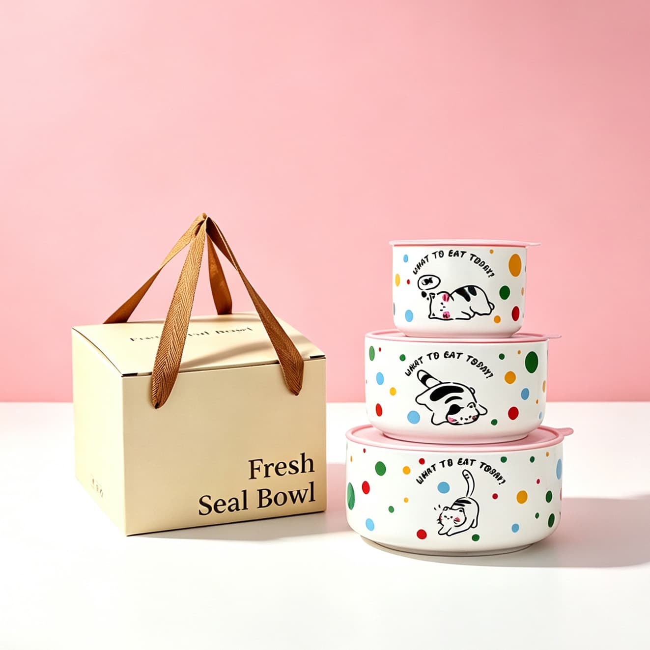 Ceramic Noodle Bowl Set with Lid, Airtight Lunch Box 3-Piece Set, Annual Meeting Gift, Housewarming Souvenir
