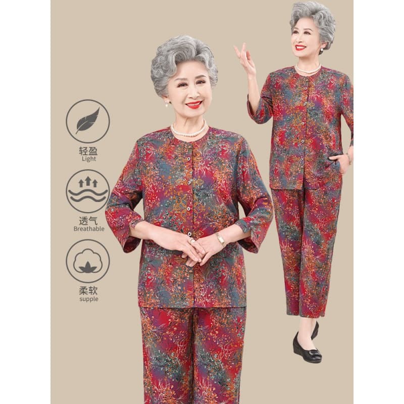 Summer Thin Clothing Set for Elderly Women 60-70 Years Old, Chinese Style Blouse and Pants Two-Piece Set for Grandma