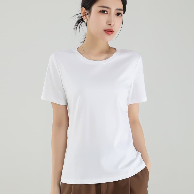 High-quality Cooling Short Sleeve T-Shirt for Women, White Solid Color, Summer 2025, Crew Neck, Basic Top