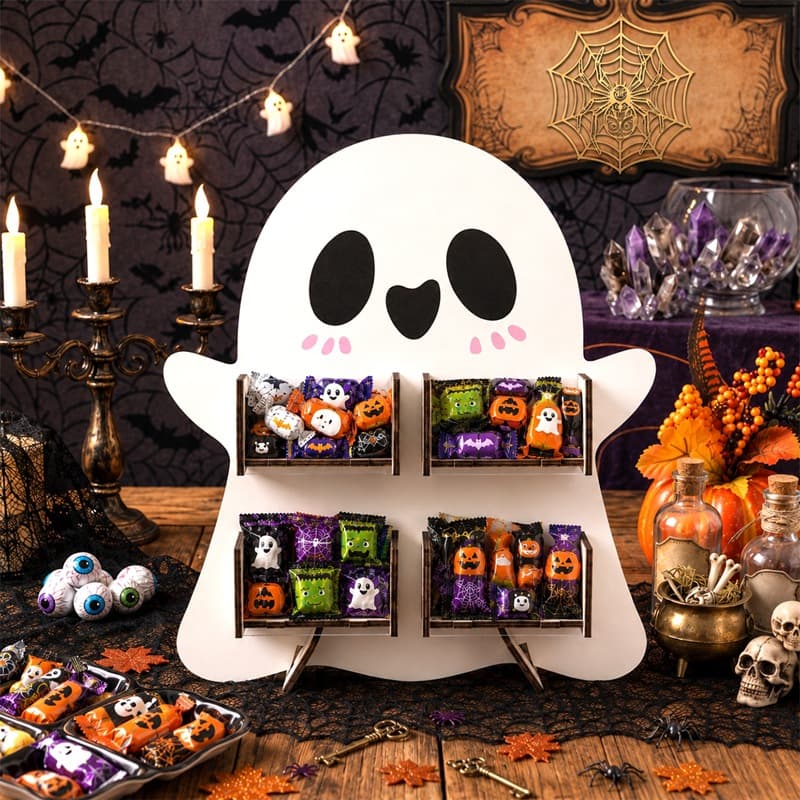 Halloween Ghost Wooden Candy Display Stand Ghost-Themed Party Snack Rack Dessert Table Decoration Candy Storage Rack
