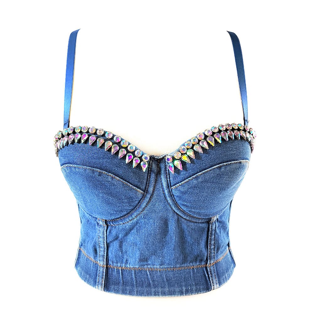 European and American dark style denim suspenders for outer wear and inner wear with diamond-studded slim-fitting tube tops with AB colored water drops and bright diamonds for hot girls' trendy tops