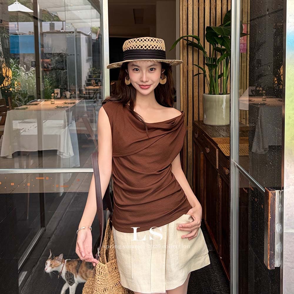 【LS New Brand】Black Label Minimalist Premium Summer New Arrival Simple Draped Neckline Versatile Office Top 30628#