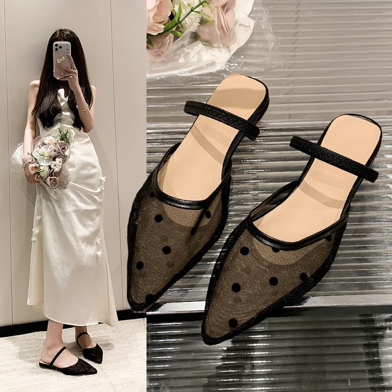 2026 Spring Summer New Lace Mesh Breathable Sandals with Pointed Toe and Polka Dot Design for Outdoor Wear, Cross-Border Foreign Trade Women's Shoes