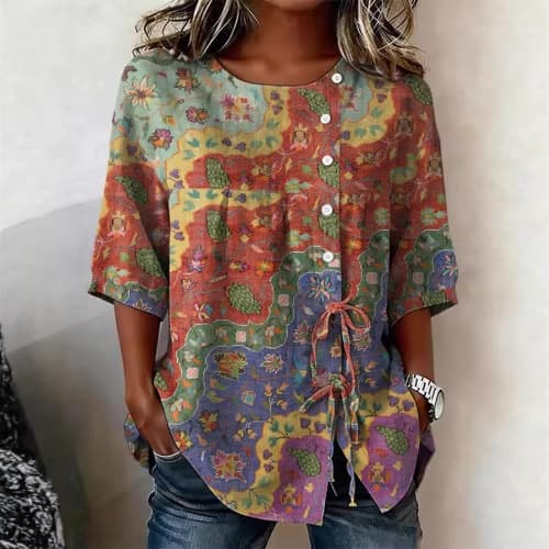 Cross-border Elegant Women's Long Sleeve Printed Blouse, Long Sleeve Women's Shirt, Tie-neck Blouse