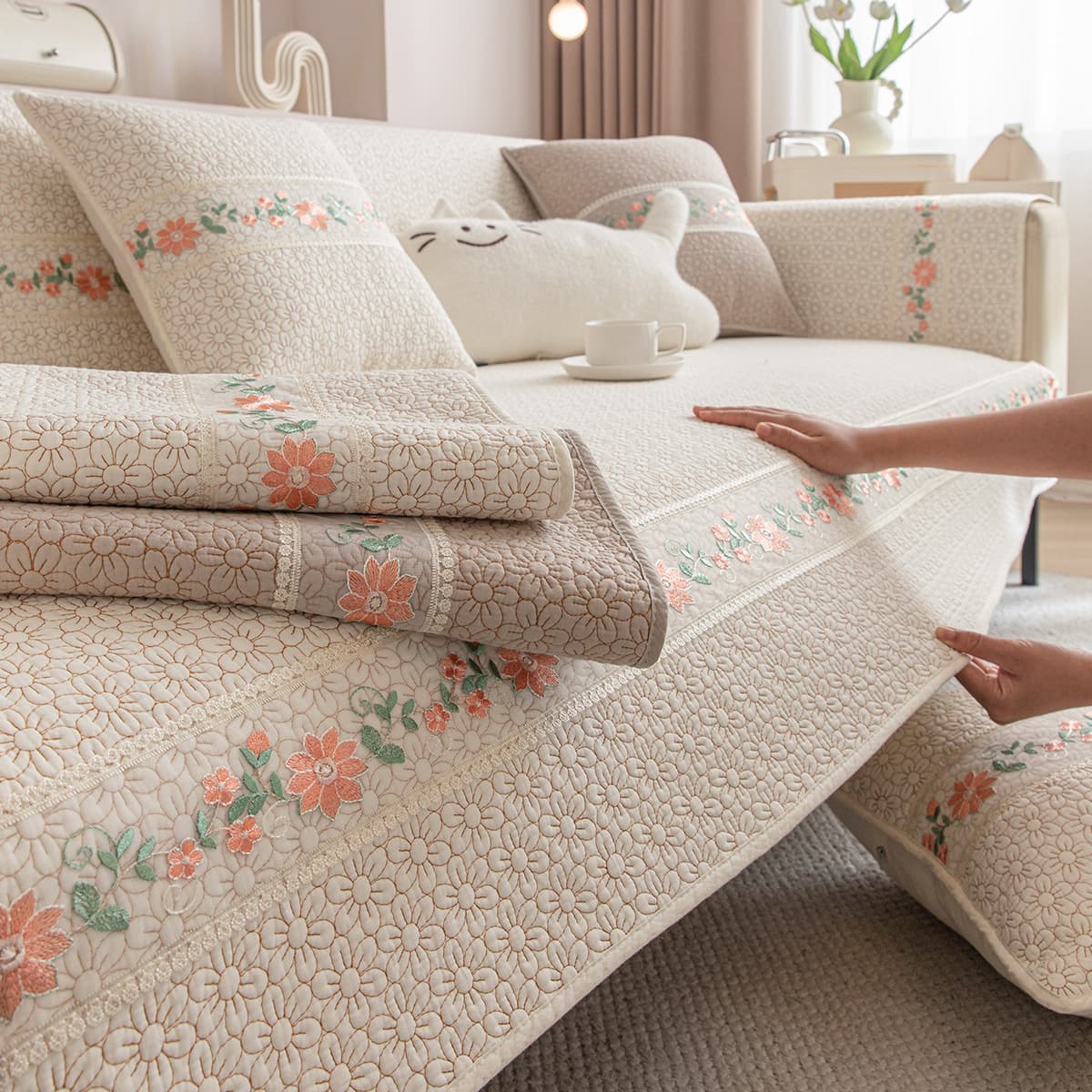 Pure Cotton Sofa Cushion Four Seasons Universal Cloth Art Anti-Slip Sofa Cover Country Cream Style Sofa Seat Modern Minimalist