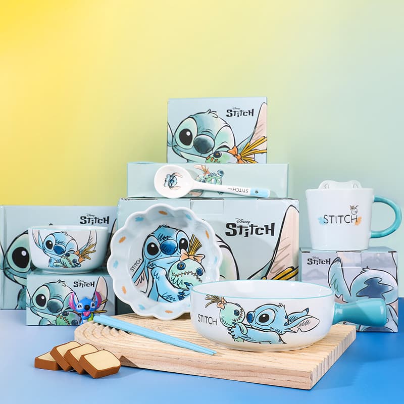Stitch Tableware Gift Box Ceramic Tableware Handle Bowl Soup Bowl Spoon Chopsticks Gift Box New Product Wholesale