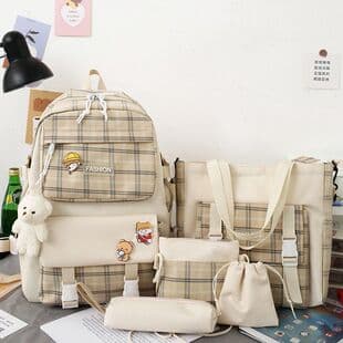 Cute plaid school backpack for girls, Korean-style simple five-piece set, casual Japanese-style backpack, factory supply