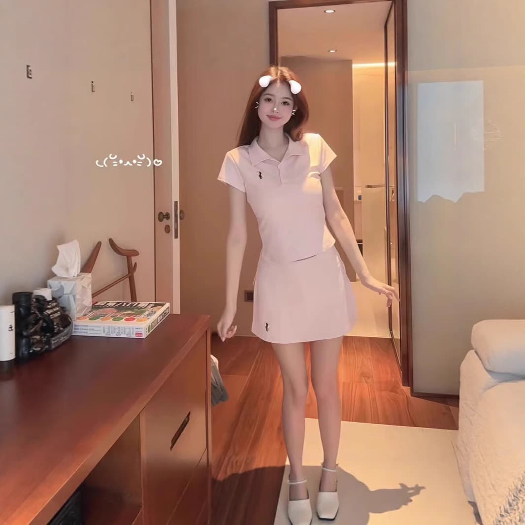Korean-style Little Horse Embroidery Set for Women, Cotton Polo Neck Short-Sleeve T-Shirt, Summer Sports High-Waist Skirt Two-Piece Set