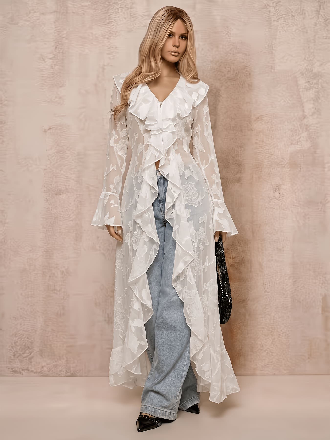SSH3-C131D European and American cross-border jacquard chiffon cardigan lotus leaf V-neck trumpet sleeve long see-through sun protection blouse