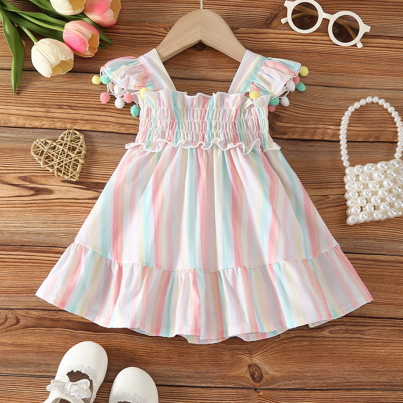 Girls Striped Vest Dress 2025 New Summer Baby Korean Style Sleeveless Dress Trendy Children's Fashionable Flutter Sleeve Dress