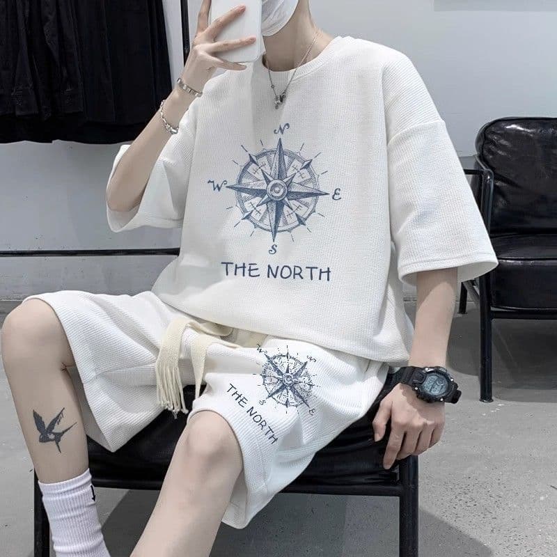Summer Waffle Knit Sport Set for Men - Stylish T-Shirt and Shorts Two-Piece Set, Loose Fit Trendy Casual Wear