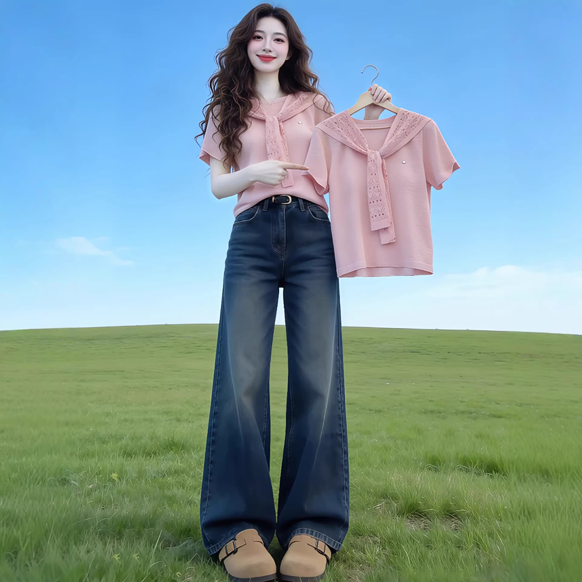 New Summer Design Fashionable Short Sleeve T-Shirt for Women with Shawl Style Slim Fit Pink Top 11091