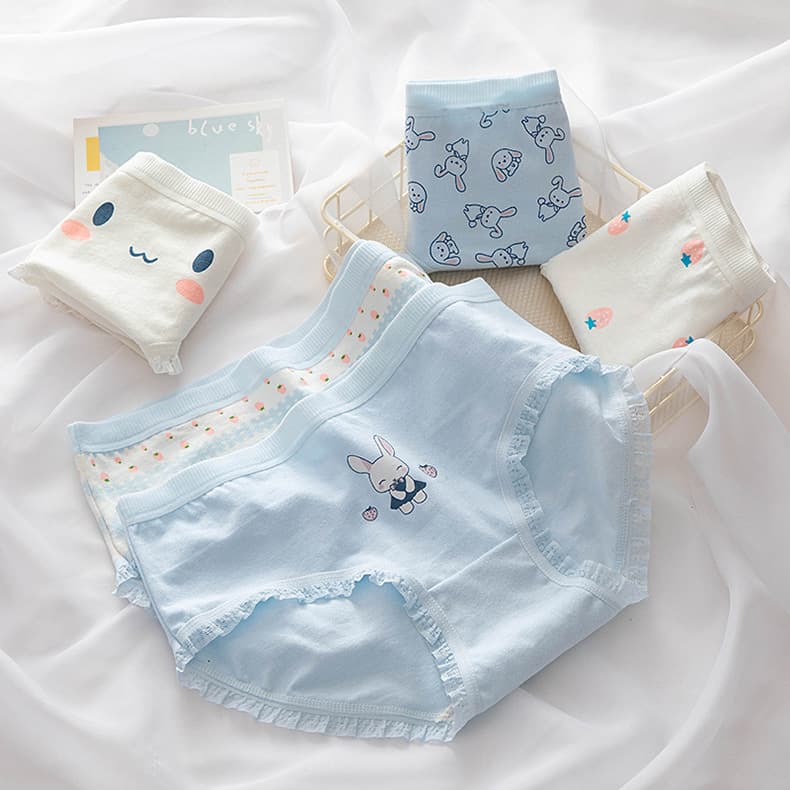 Japanese Style Simple Cloud Blue Strawberry Cute Rabbit Girl Underwear Women's Pure Cotton Crotch Mid-Waist Student Briefs