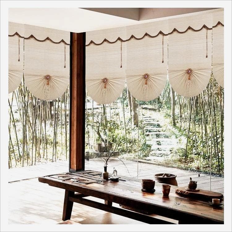 Fan-shaped Bamboo Blinds Roller Curtains, Balcony Lift Blackout Bamboo Curtains, Hotel Restaurant Tea Room Decorative Sunshade with Bead Chain