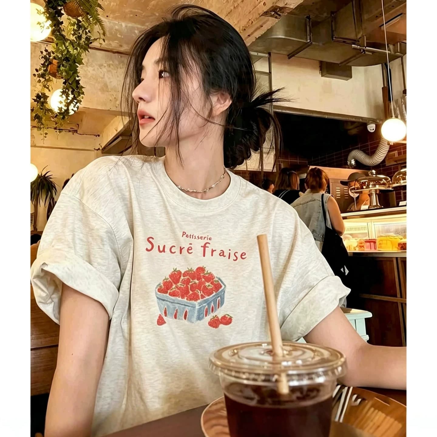 Korean-style pure cotton letter strawberry print short-sleeve T-shirt for women, summer loose round neck plus size up to 200 lbs top