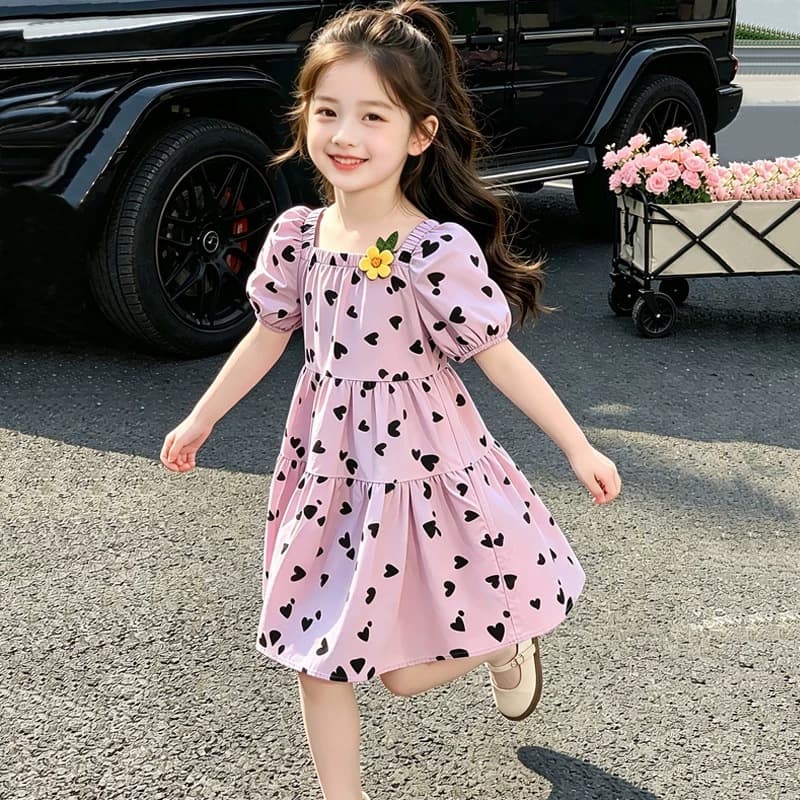 Children's Puff-Sleeve Princess Dress, Summer Casual Versatile Midi Dress with Heart Print for Little Girls
