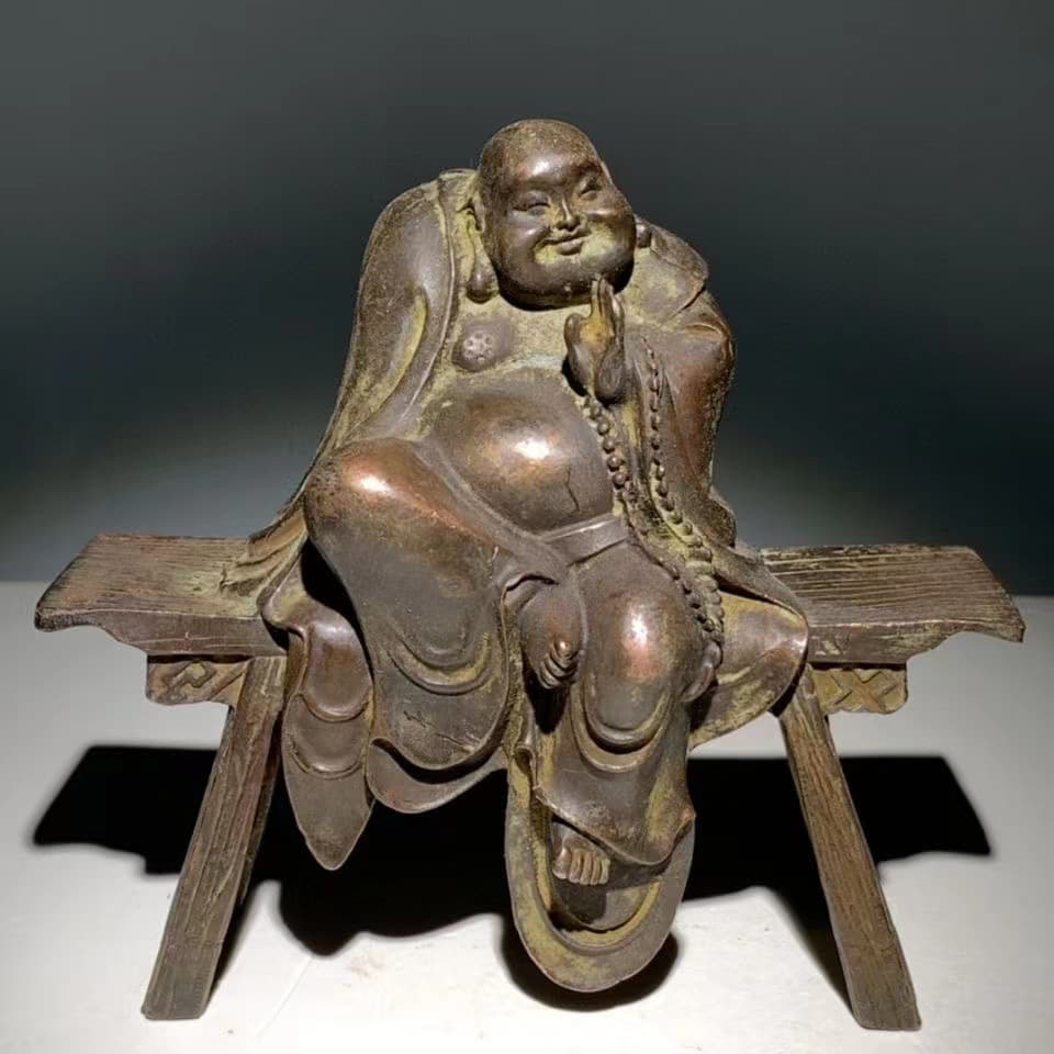 Rural Vintage Collectibles: Bodhidharma and Guanyin Bench Buddha Antique Bronze Statues
