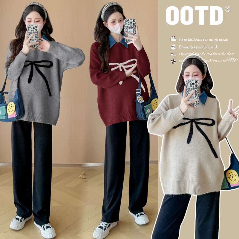 2024 Autumn Korean Style Maternity Sweater Top with Bow Tie, Loose Denim Collar, Pullover Maternity Knitwear