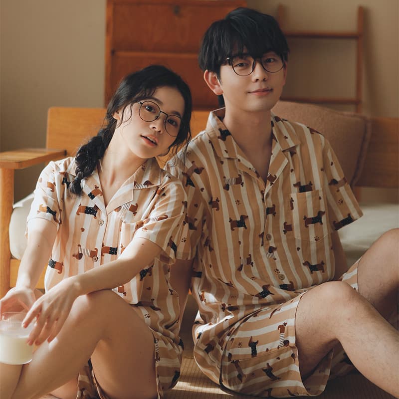 Special Price - Short Sleeve Pajamas Women's Summer Cotton Gauze Solid Grid Casual Couple Homewear Set