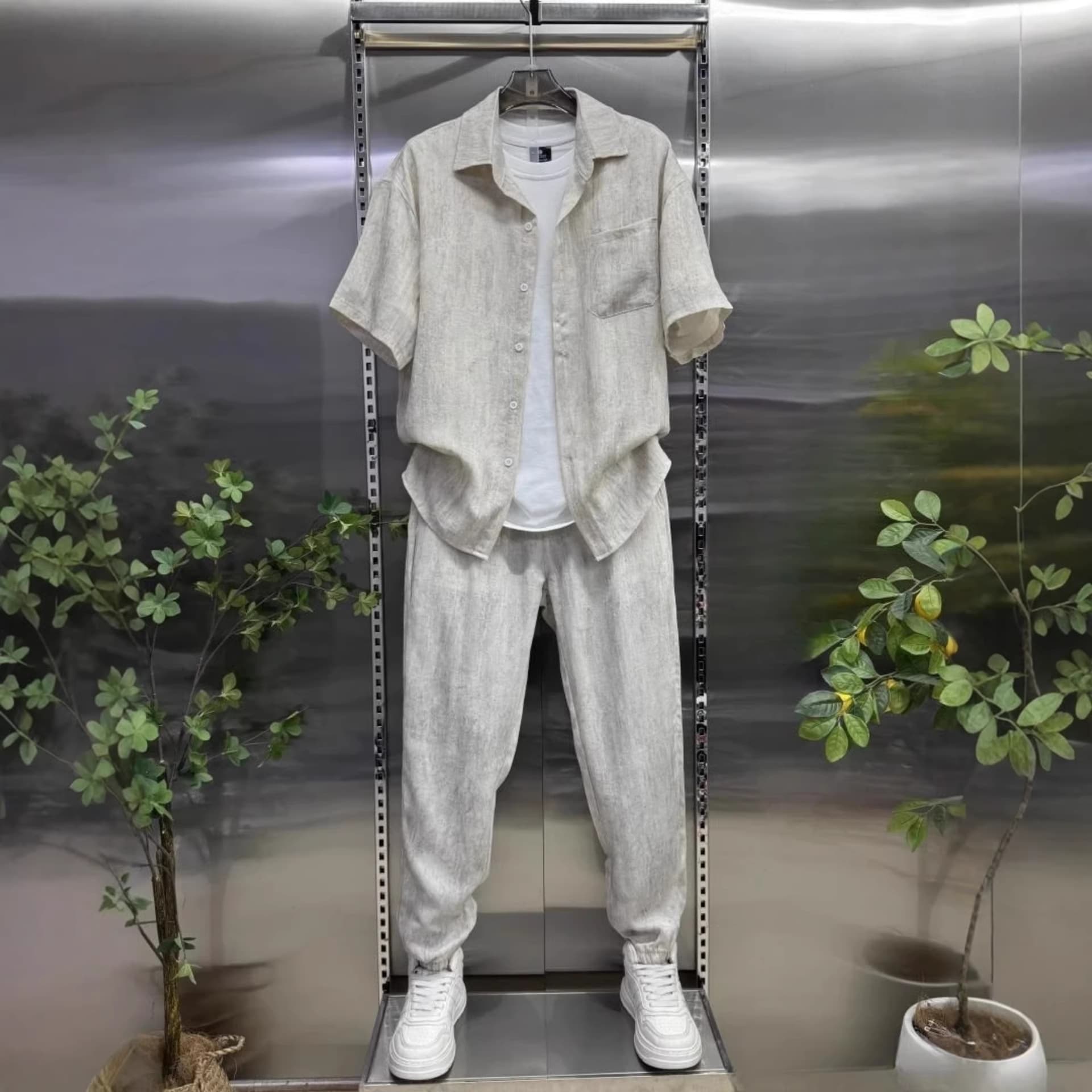 Summer comfortable men's casual two-piece shirt short-sleeved trousers tie-dye sports suit linen high quality men's clothing