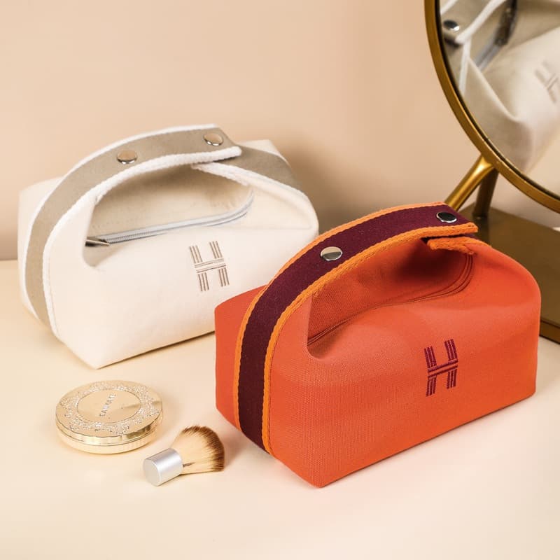 Korean Style H Canvas Handbag Cosmetic Bag, Large Capacity Skincare Organizer, Portable Travel Toiletry Bag for Outings