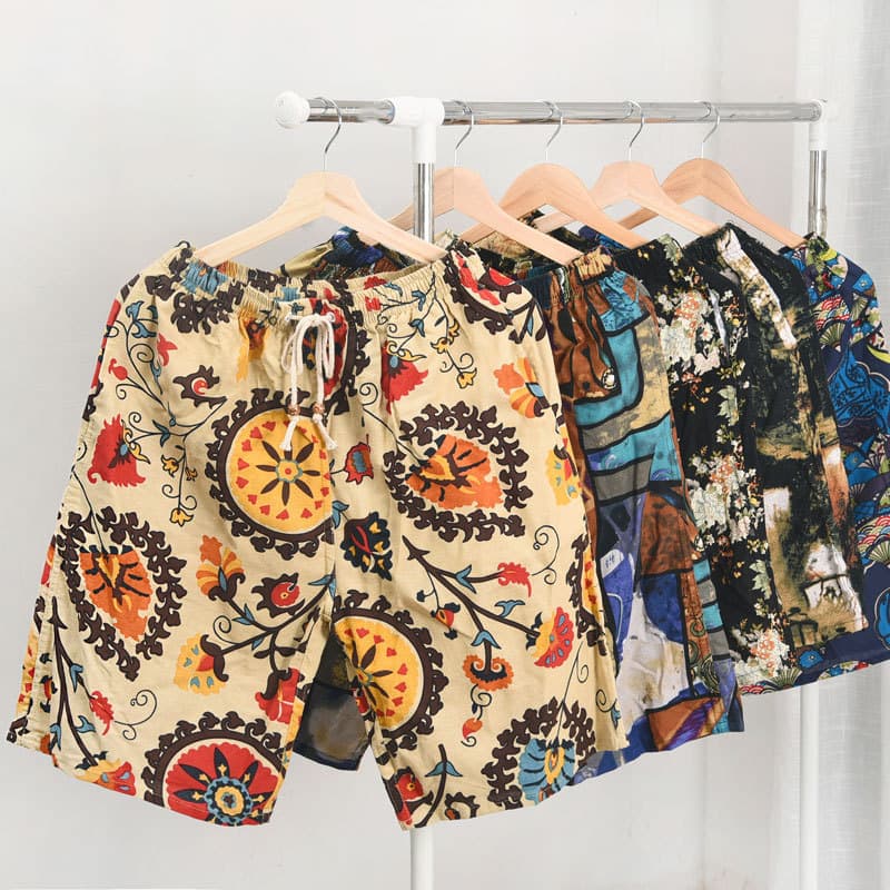 Loose Fit Plus Size Shorts for Men, Trendy Cotton Linen Thin Style, New Casual Sports Beach Shorts with Print, 5-Inch Inseam Summer