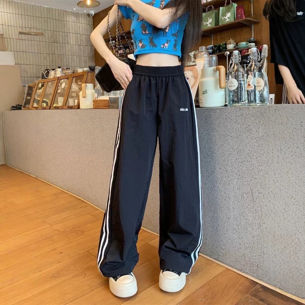 American Style Striped Quick-Dry Pants Women Summer Thin Color-Block Casual Straight-Leg Sports Pants Loose Ice Silk Wide-Leg Cargo Pants