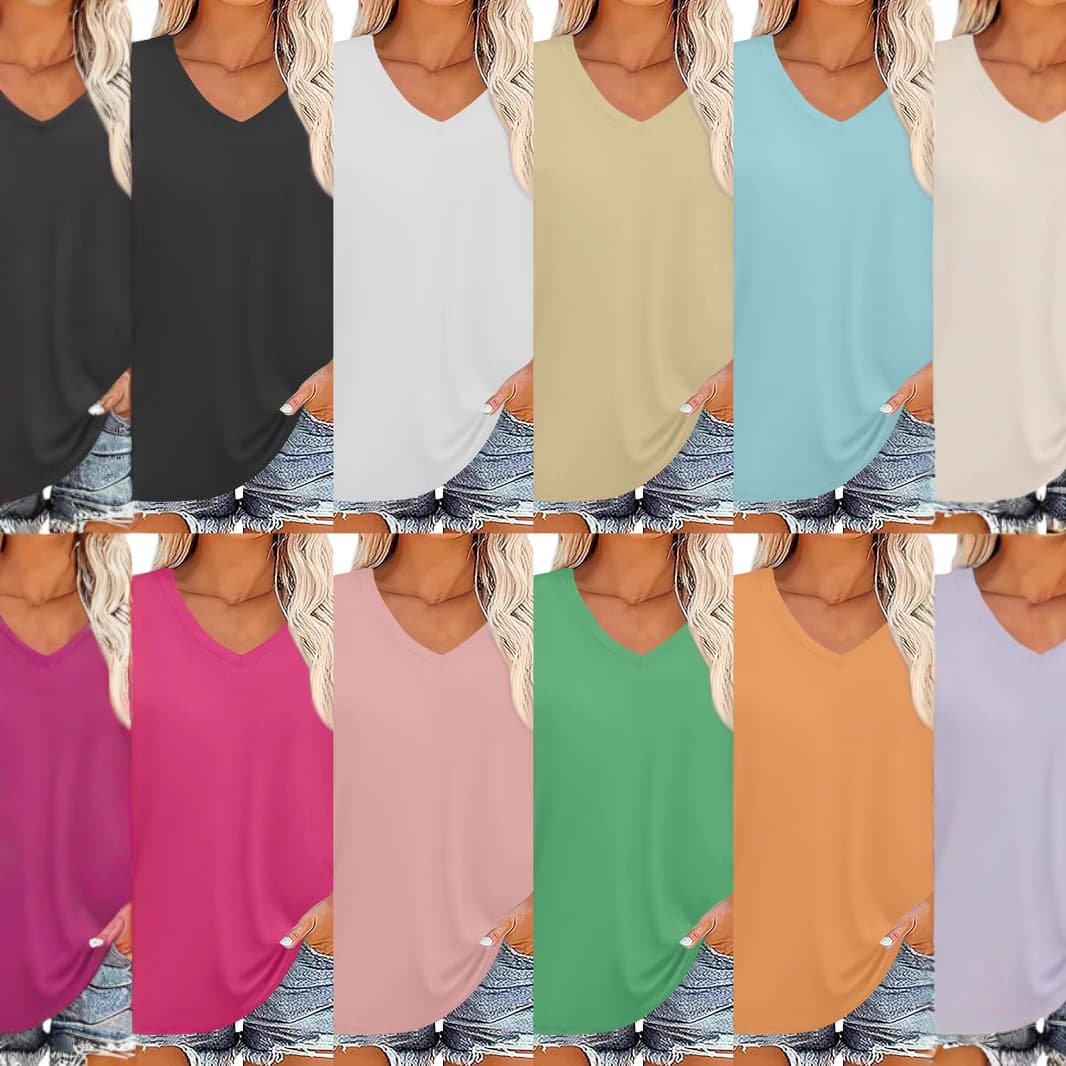 2026 New Amazon Cross-Border Plus Size Women's V-Neck 3/4 Sleeve Solid Color Top