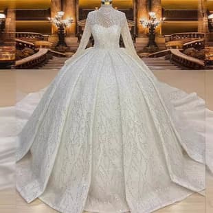 Cross-border Bride Luxury Long Sleeve Heavy Train High-End Custom Princess Wedding Dress Sparkling Train Gown