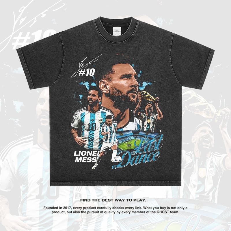 World Cup Messi Collage Portrait T-shirt, Messi Argentina No. 10 Signed Loose Drop Shoulder Trendy Brand Short-Sleeve Stock