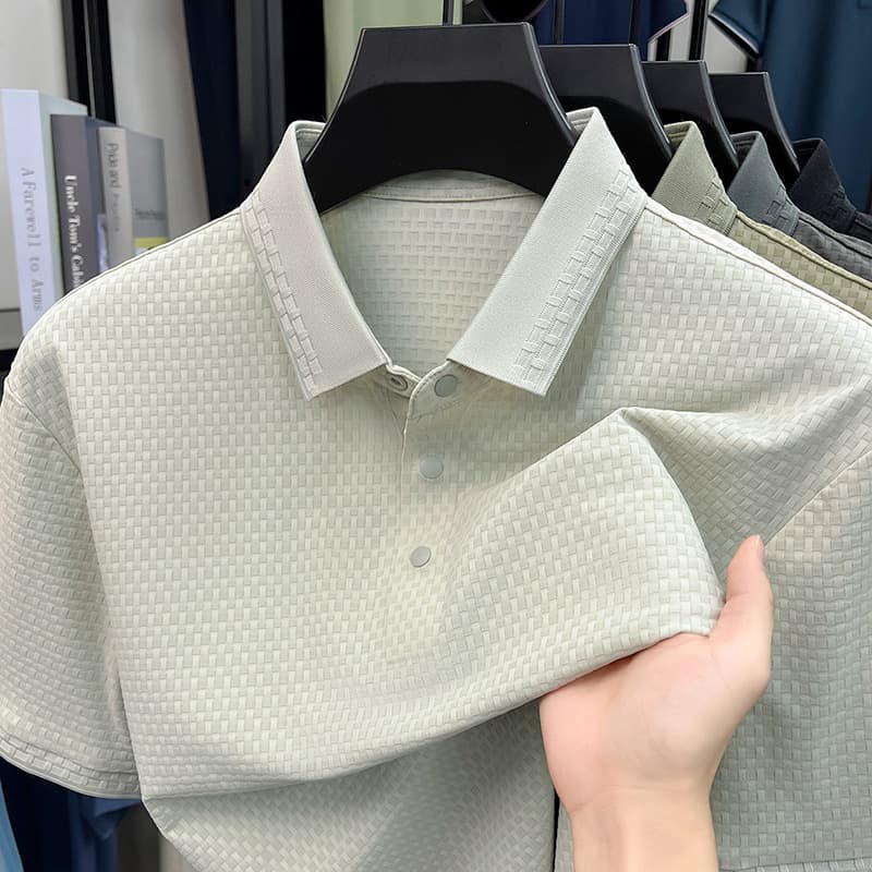Ice Silk Nylon Short Sleeve Men's T-Shirt Summer New Loose Elastic Casual Light Luxury Business Turn-down Collar Polo Shirt
