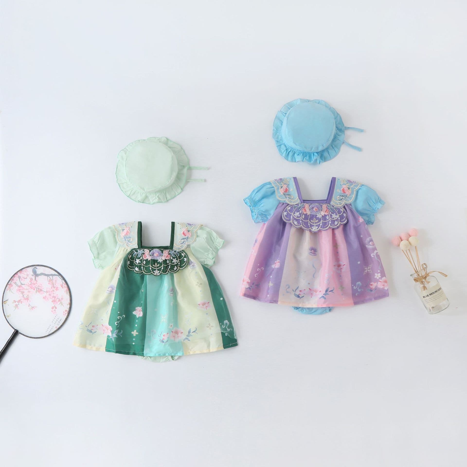 Chinese Style Summer Baby Girl Short Sleeve Vintage Hanfu Bodysuit, Baby Tang Suit Dress