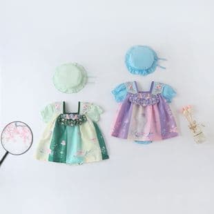 Chinese Style Summer Baby Girl Short Sleeve Vintage Hanfu Bodysuit, Baby Tang Suit Dress