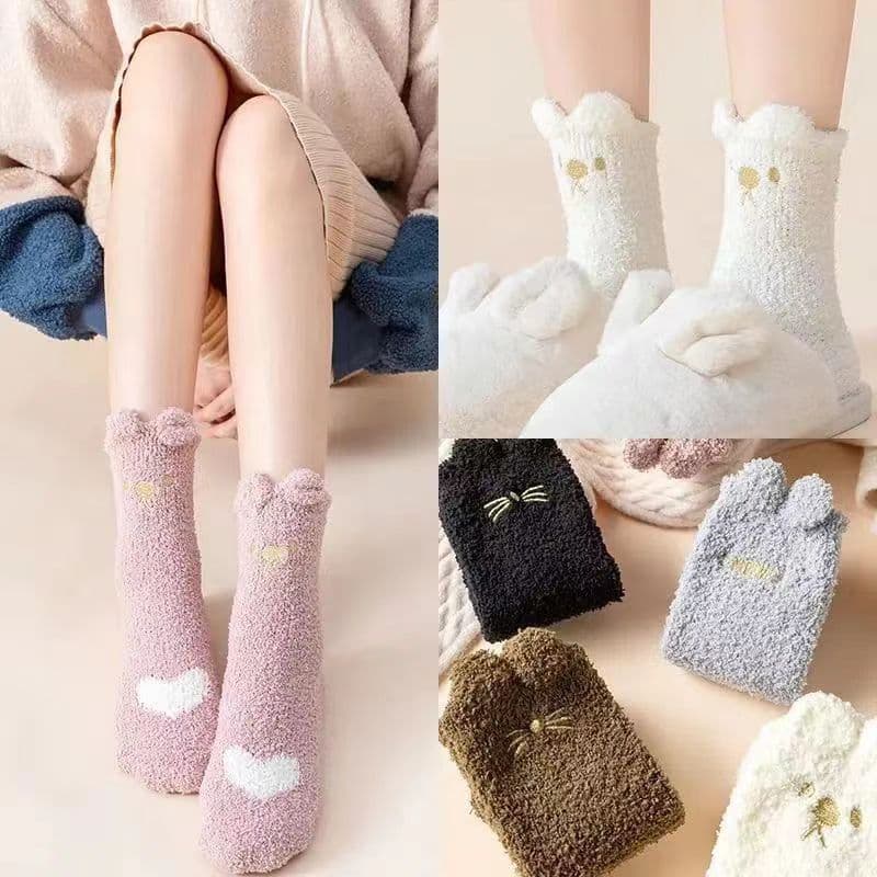 Autumn and winter coral fleece socks, cartoon-patterned, stand-up ear women's socks, thickened, warm, for flooring and sleep, fleece-lined mid-calf socks